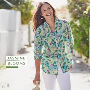 Button-up Jasmine Blooms Cotton Silk Tropical Floral Top